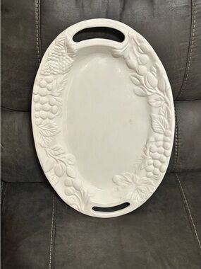 White Ceramic Serving oval Platter with Grapevine Relief - Elegant Home Dining